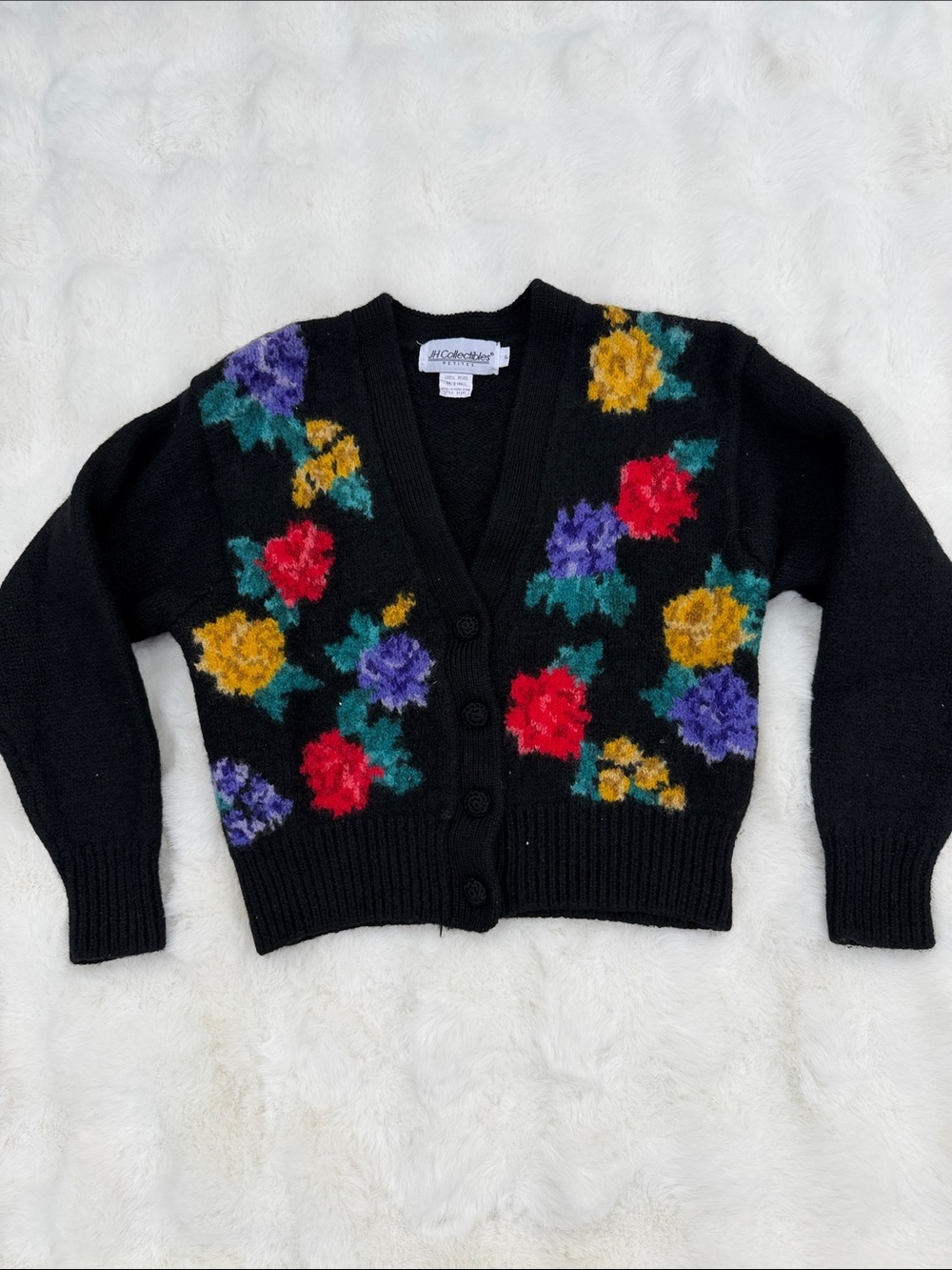 Vintage Petite wool Black Floral Button-Up Women's Cardigan Sweater